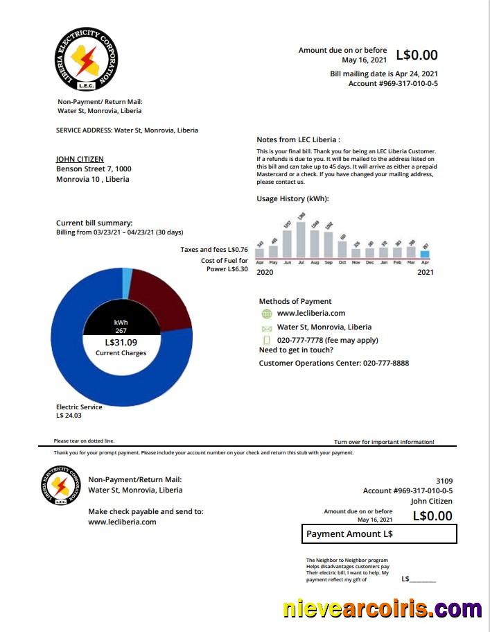 Liberia Electricity Corporation utility bill